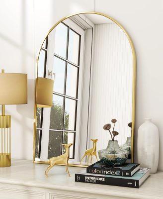 Arched Wall Mirror, 24 x 36 inch Arch Bathroom Mirror, Wall Mounted Vanity Mirror with Arch Metal Frame, Modern Bathroom Vanity Mirror for Bedroom, Living Room, Hanging or Leaning, Gold