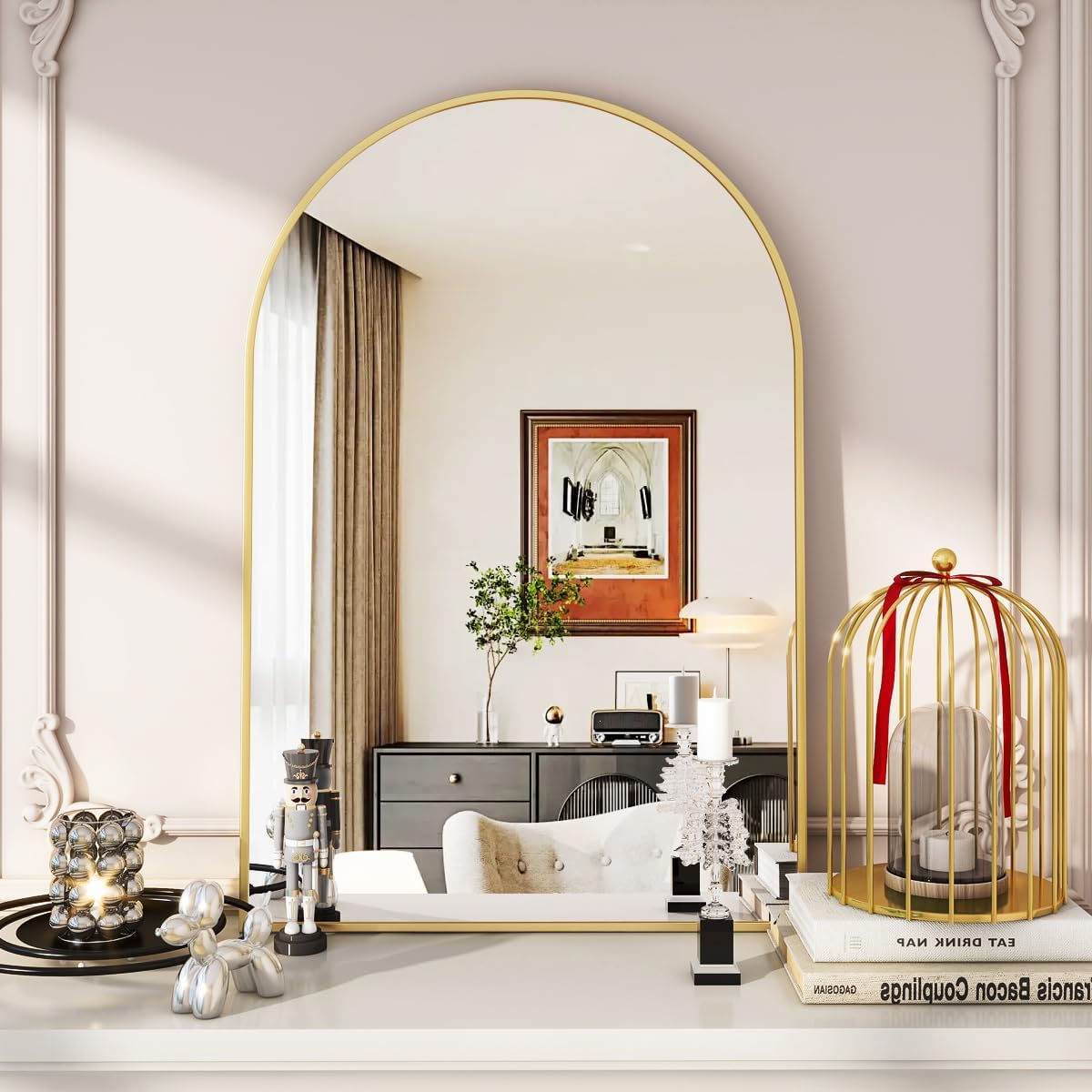 Arched Wall Mirror, 24 x 36 inch Arch Bathroom Mirror, Wall Mounted Vanity Mirror with Arch Metal Frame, Modern Bathroom Vanity Mirror for Bedroom, Living Room, Hanging or Leaning, Gold - Image 2