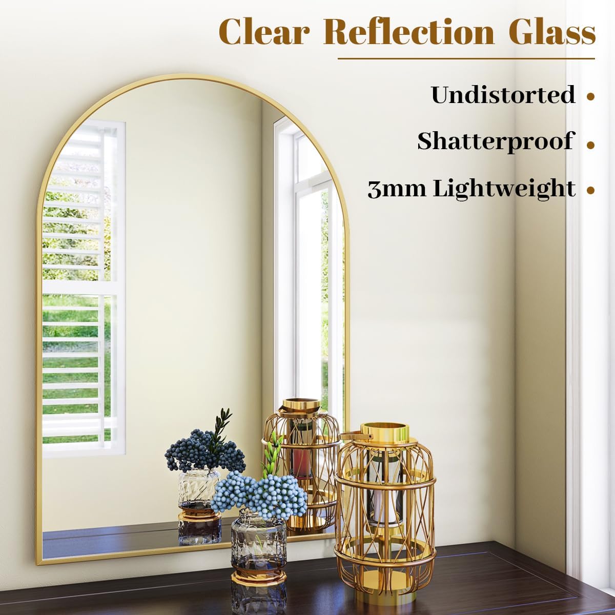 Arched Wall Mirror, 24 x 36 inch Arch Bathroom Mirror, Wall Mounted Vanity Mirror with Arch Metal Frame, Modern Bathroom Vanity Mirror for Bedroom, Living Room, Hanging or Leaning, Gold - Image 3