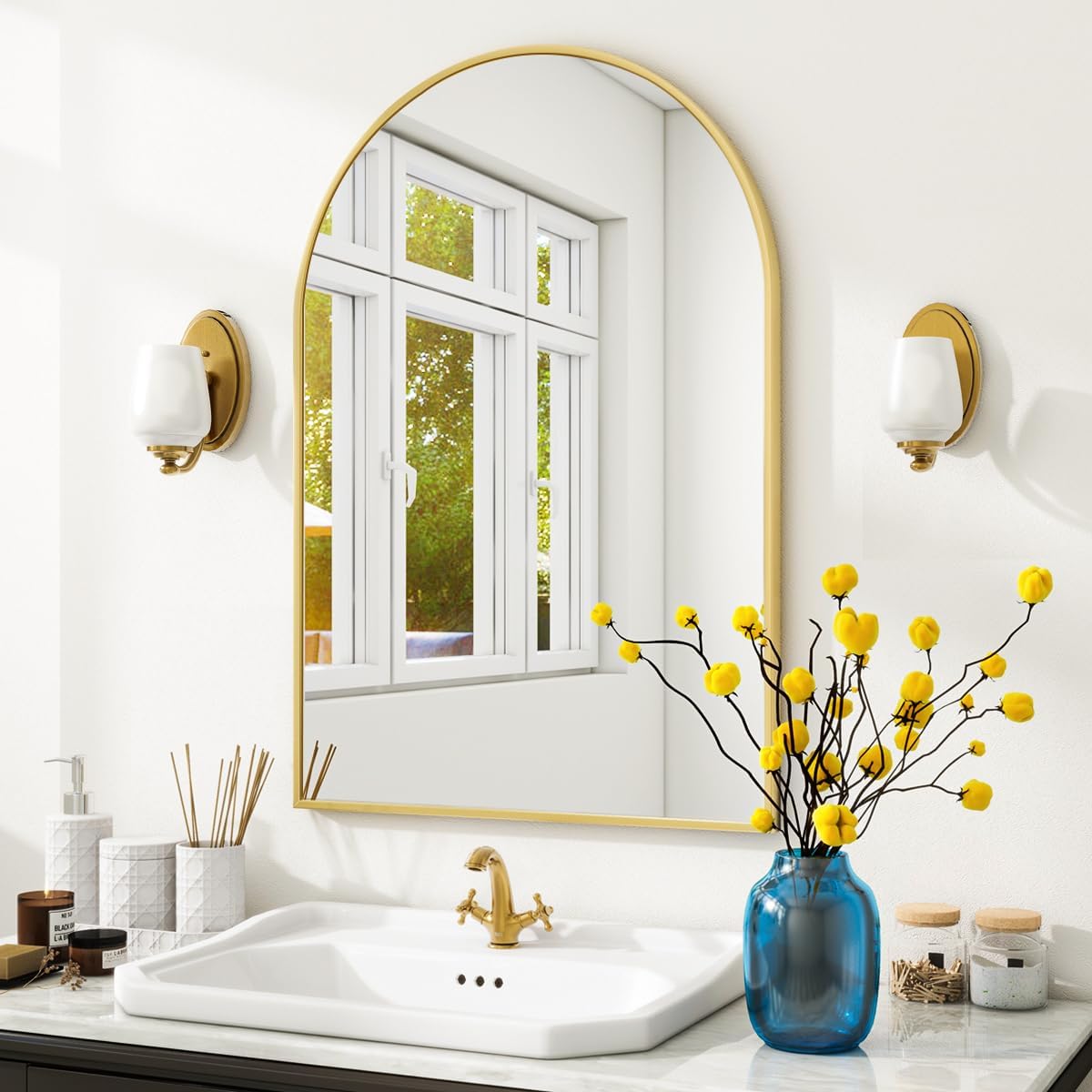 Arched Wall Mirror, 24 x 36 inch Arch Bathroom Mirror, Wall Mounted Vanity Mirror with Arch Metal Frame, Modern Bathroom Vanity Mirror for Bedroom, Living Room, Hanging or Leaning, Gold - Image 6