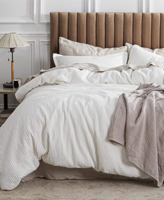 Bedsure Cotton Duvet Cover Queen - 100% Cotton Waffle Weave Coconut White Duvet Cover Queen Size, GentleSoft™ and Breathable Bedding Set for All Season, 3 Pieces, 90"x90"