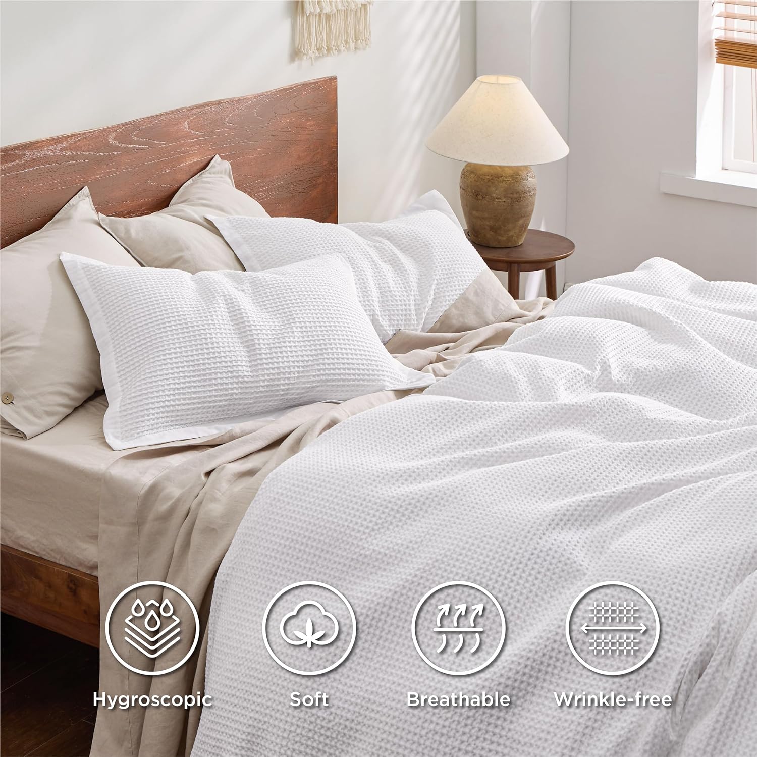 Bedsure Cotton Duvet Cover Queen - 100% Cotton Waffle Weave Coconut White Duvet Cover Queen Size, GentleSoft™ and Breathable Bedding Set for All Season, 3 Pieces, 90"x90" - Image 4
