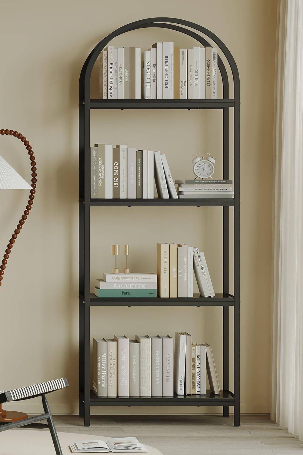 Bookshelf Arched Bookcase, Industrial Curved Metal Book Shelves, 72" Tall Freestanding Open Storage Shelf Display Rack for Living Room Home Office, Black, 4-Tier