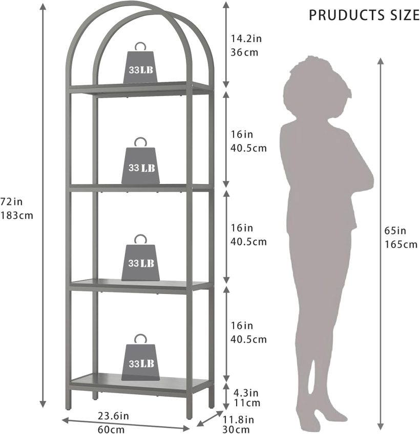 Bookshelf Arched Bookcase, Industrial Curved Metal Book Shelves, 72" Tall Freestanding Open Storage Shelf Display Rack for Living Room Home Office, Black, 4-Tier - Image 2