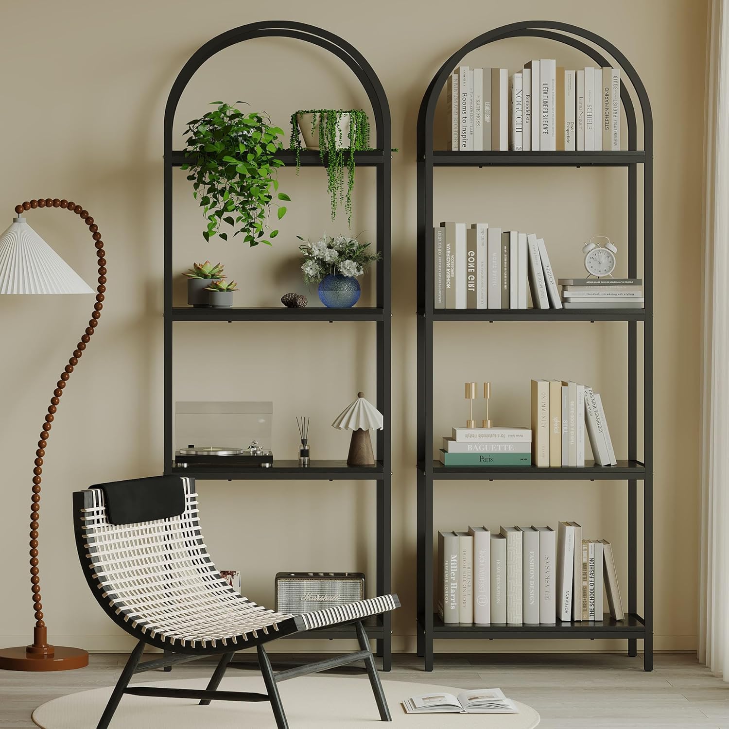 Bookshelf Arched Bookcase, Industrial Curved Metal Book Shelves, 72" Tall Freestanding Open Storage Shelf Display Rack for Living Room Home Office, Black, 4-Tier - Image 3