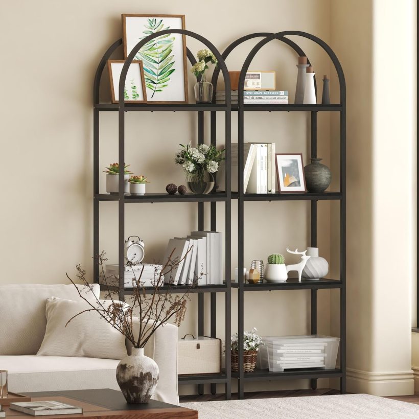 Bookshelf Arched Bookcase, Industrial Curved Metal Book Shelves, 72" Tall Freestanding Open Storage Shelf Display Rack for Living Room Home Office, Black, 4-Tier - Image 5