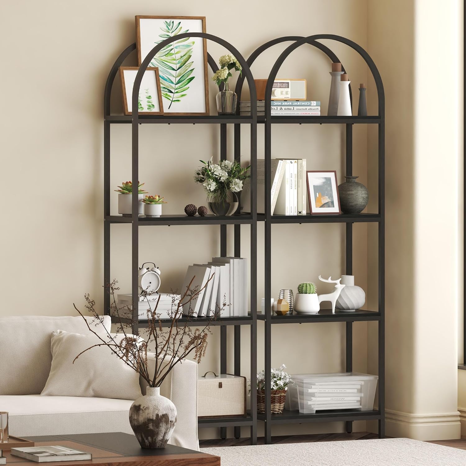 Bookshelf Arched Bookcase, Industrial Curved Metal Book Shelves, 72" Tall Freestanding Open Storage Shelf Display Rack for Living Room Home Office, Black, 4-Tier - Image 5
