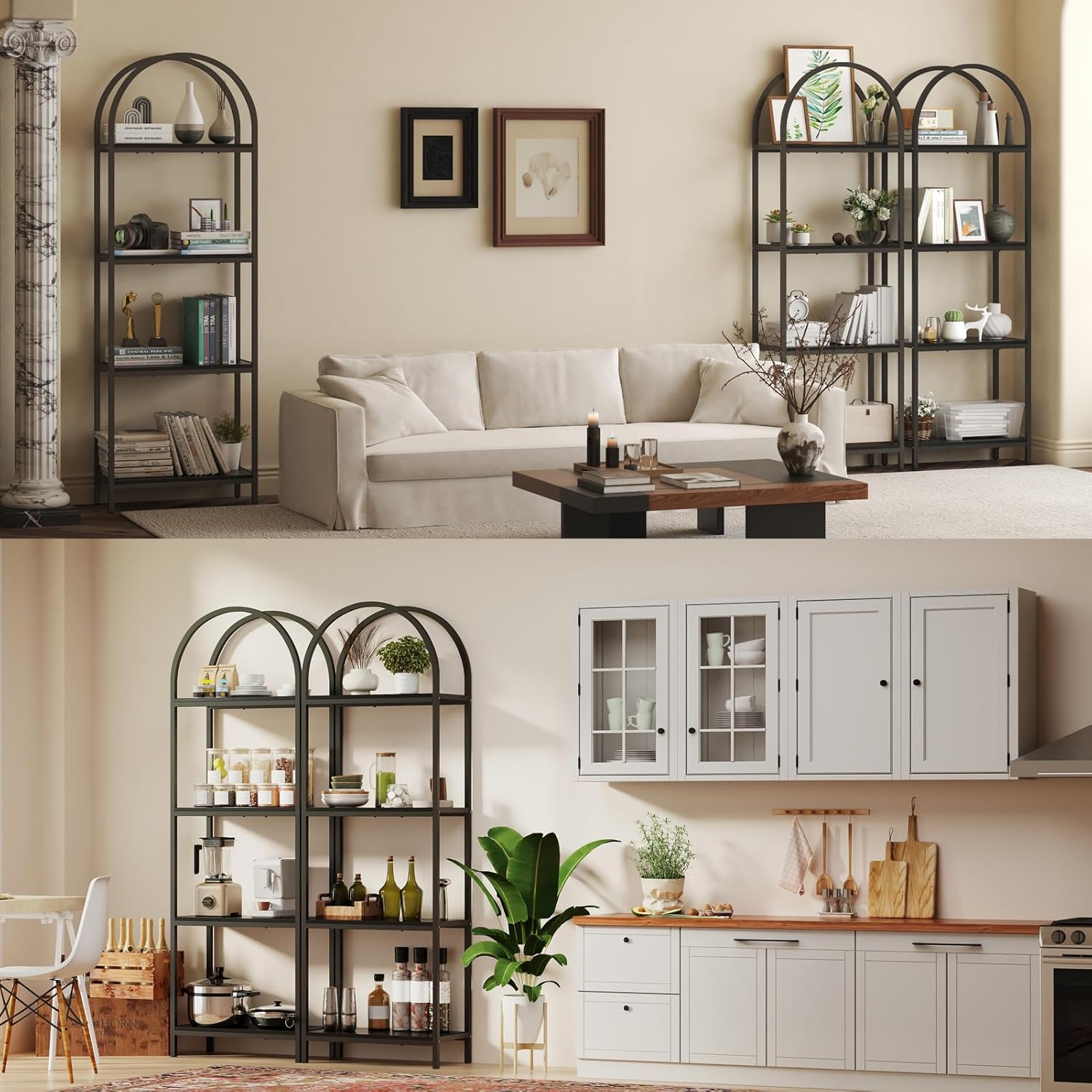 Bookshelf Arched Bookcase, Industrial Curved Metal Book Shelves, 72" Tall Freestanding Open Storage Shelf Display Rack for Living Room Home Office, Black, 4-Tier - Image 6
