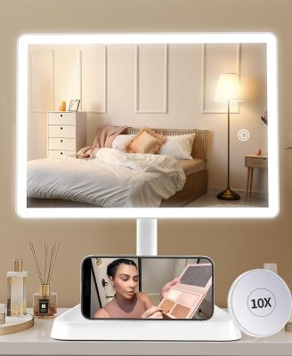 FUNTOUCH Rechargeable Makeup Vanity Mirror with Lights, Large Lighted Desk Makeup Mirror with 96 LED Lights and 10x Magnifying Mirror, 3 Color Lighting, Light up Make up Mirror with Phone Holder