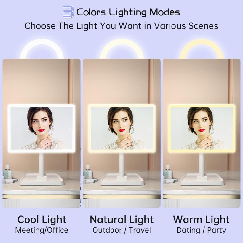 FUNTOUCH Rechargeable Makeup Vanity Mirror with Lights, Large Lighted Desk Makeup Mirror with 96 LED Lights and 10x Magnifying Mirror, 3 Color Lighting, Light up Make up Mirror with Phone Holder - Image 2