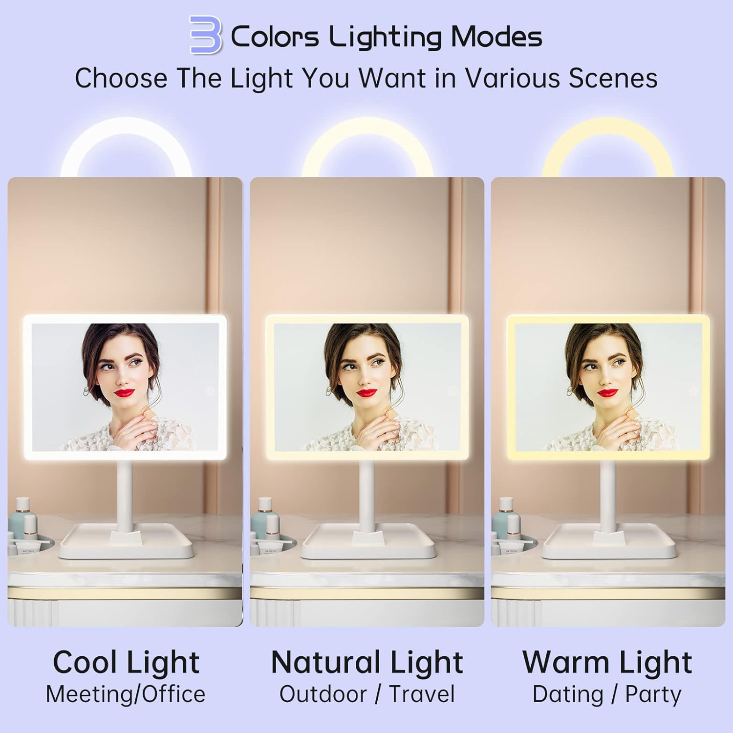 FUNTOUCH Rechargeable Makeup Vanity Mirror with Lights, Large Lighted Desk Makeup Mirror with 96 LED Lights and 10x Magnifying Mirror, 3 Color Lighting, Light up Make up Mirror with Phone Holder - Image 2