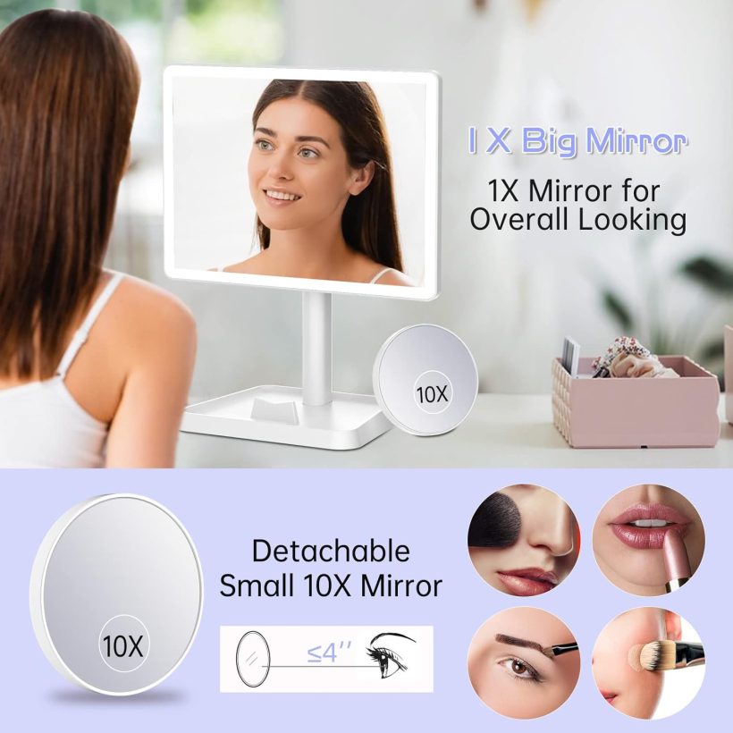 FUNTOUCH Rechargeable Makeup Vanity Mirror with Lights, Large Lighted Desk Makeup Mirror with 96 LED Lights and 10x Magnifying Mirror, 3 Color Lighting, Light up Make up Mirror with Phone Holder - Image 4