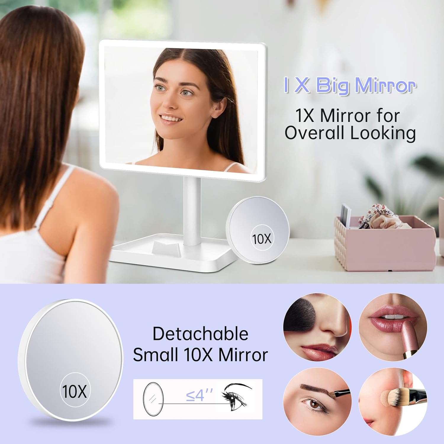 FUNTOUCH Rechargeable Makeup Vanity Mirror with Lights, Large Lighted Desk Makeup Mirror with 96 LED Lights and 10x Magnifying Mirror, 3 Color Lighting, Light up Make up Mirror with Phone Holder - Image 4