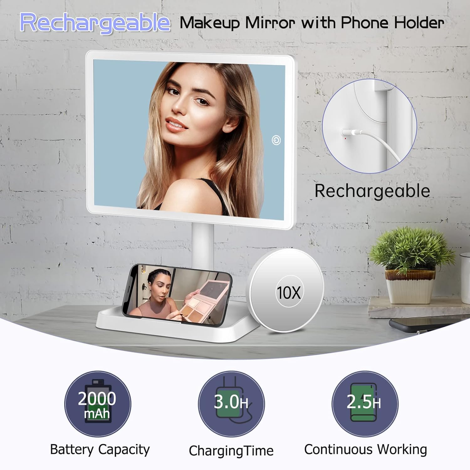 FUNTOUCH Rechargeable Makeup Vanity Mirror with Lights, Large Lighted Desk Makeup Mirror with 96 LED Lights and 10x Magnifying Mirror, 3 Color Lighting, Light up Make up Mirror with Phone Holder - Image 5