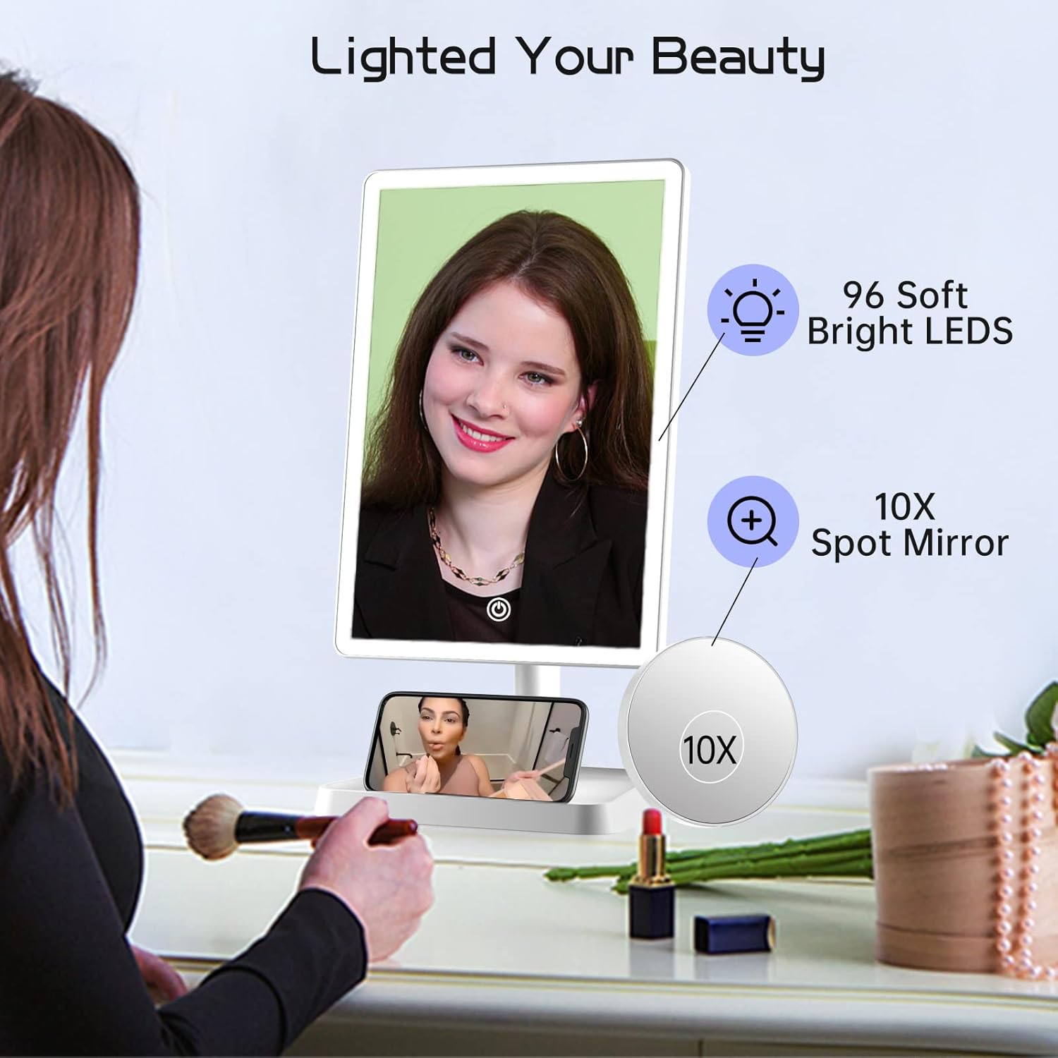 FUNTOUCH Rechargeable Makeup Vanity Mirror with Lights, Large Lighted Desk Makeup Mirror with 96 LED Lights and 10x Magnifying Mirror, 3 Color Lighting, Light up Make up Mirror with Phone Holder - Image 7