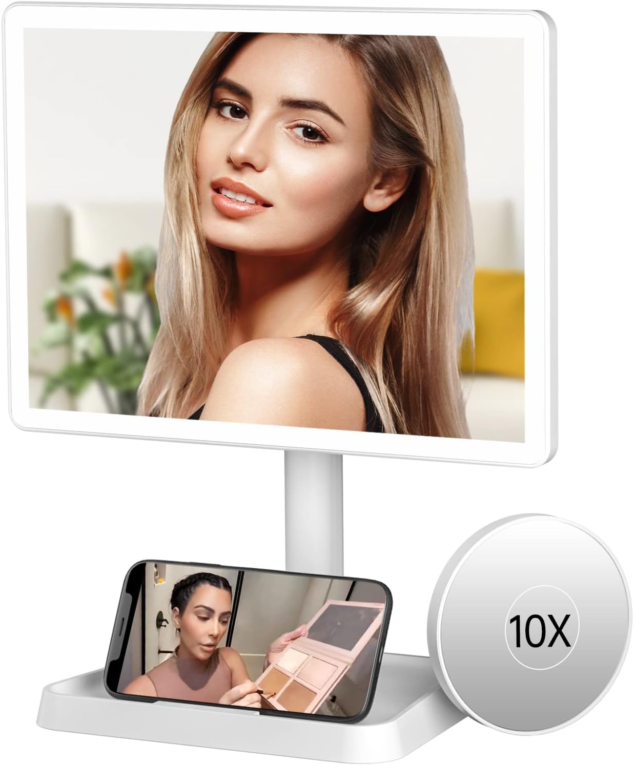 FUNTOUCH Rechargeable Makeup Vanity Mirror with Lights, Large Lighted Desk Makeup Mirror with 96 LED Lights and 10x Magnifying Mirror, 3 Color Lighting, Light up Make up Mirror with Phone Holder - Image 9