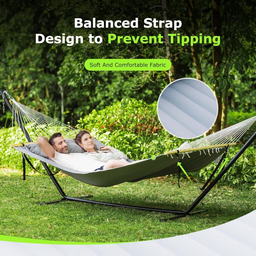 Double Hammock with Stand for Outdoor, Heavy Duty Portable Hammock with Adjustable Steel Stand for Patio, Garden, Beach, Backyard - Includes Carrying Bag,Dark Grey - Image 3