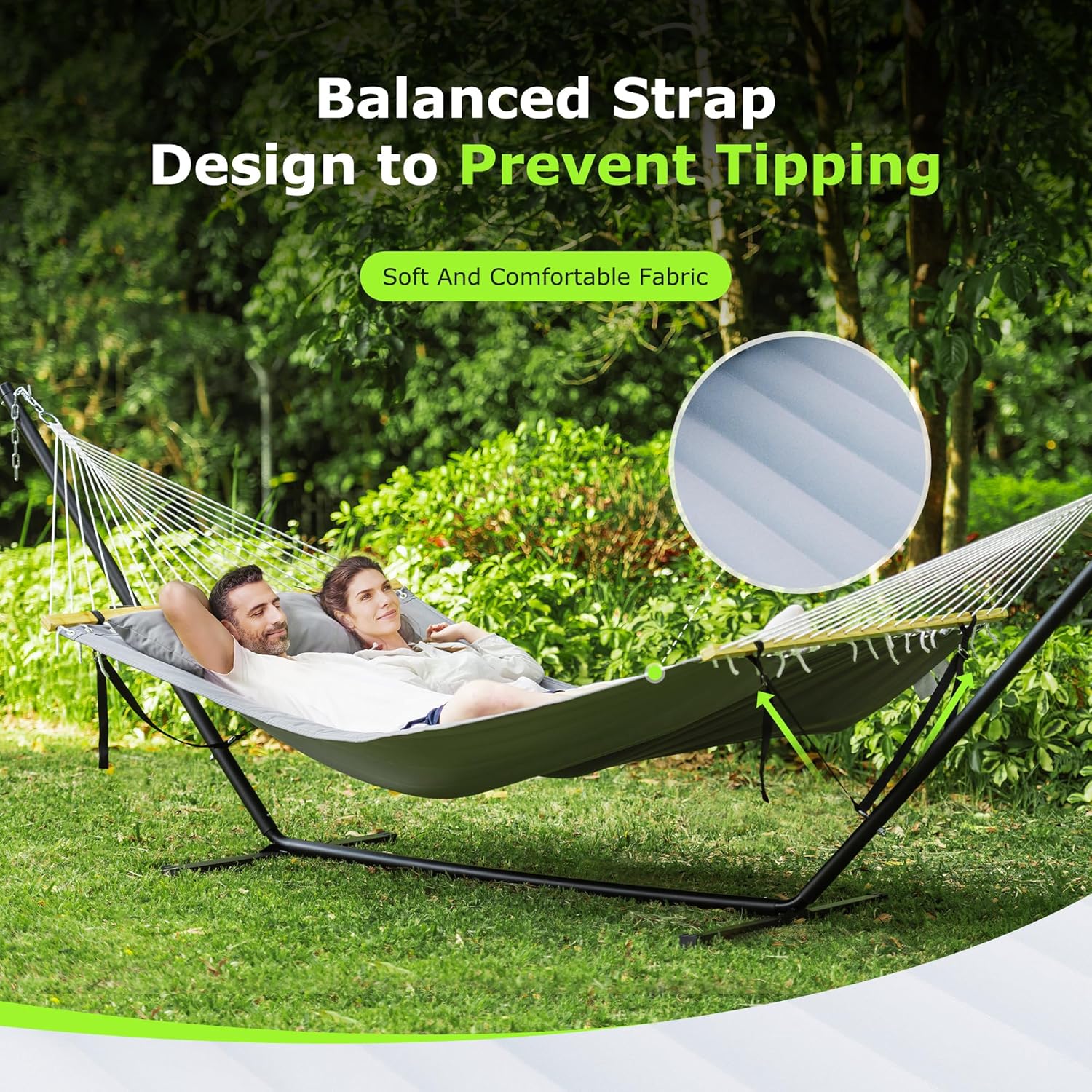 Double Hammock with Stand for Outdoor, Heavy Duty Portable Hammock with Adjustable Steel Stand for Patio, Garden, Beach, Backyard - Includes Carrying Bag,Dark Grey - Image 3