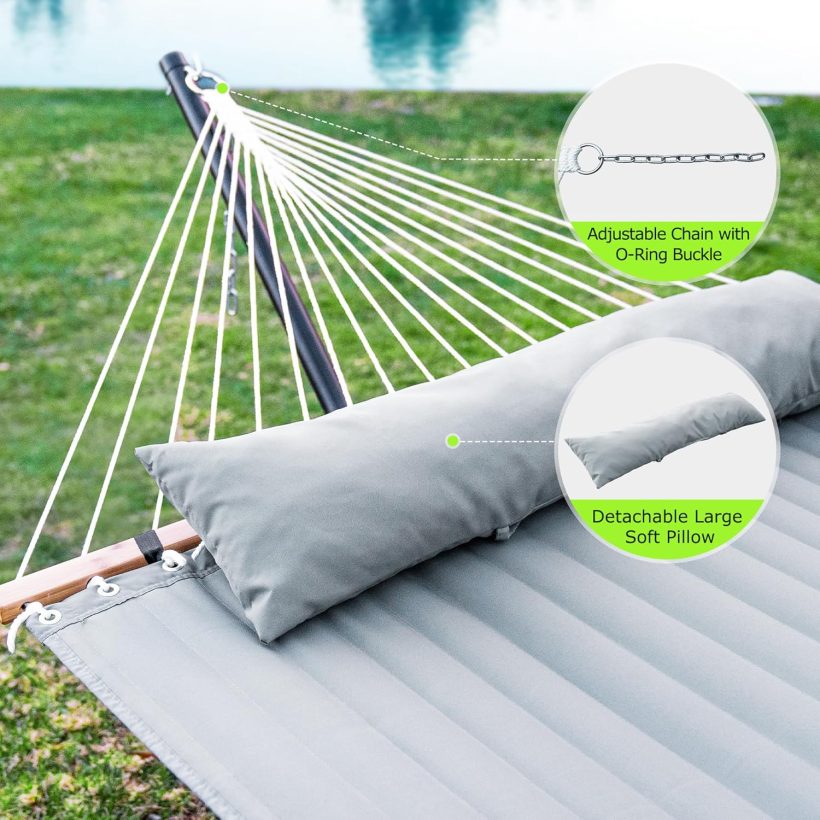 Double Hammock with Stand for Outdoor, Heavy Duty Portable Hammock with Adjustable Steel Stand for Patio, Garden, Beach, Backyard - Includes Carrying Bag,Dark Grey - Image 4