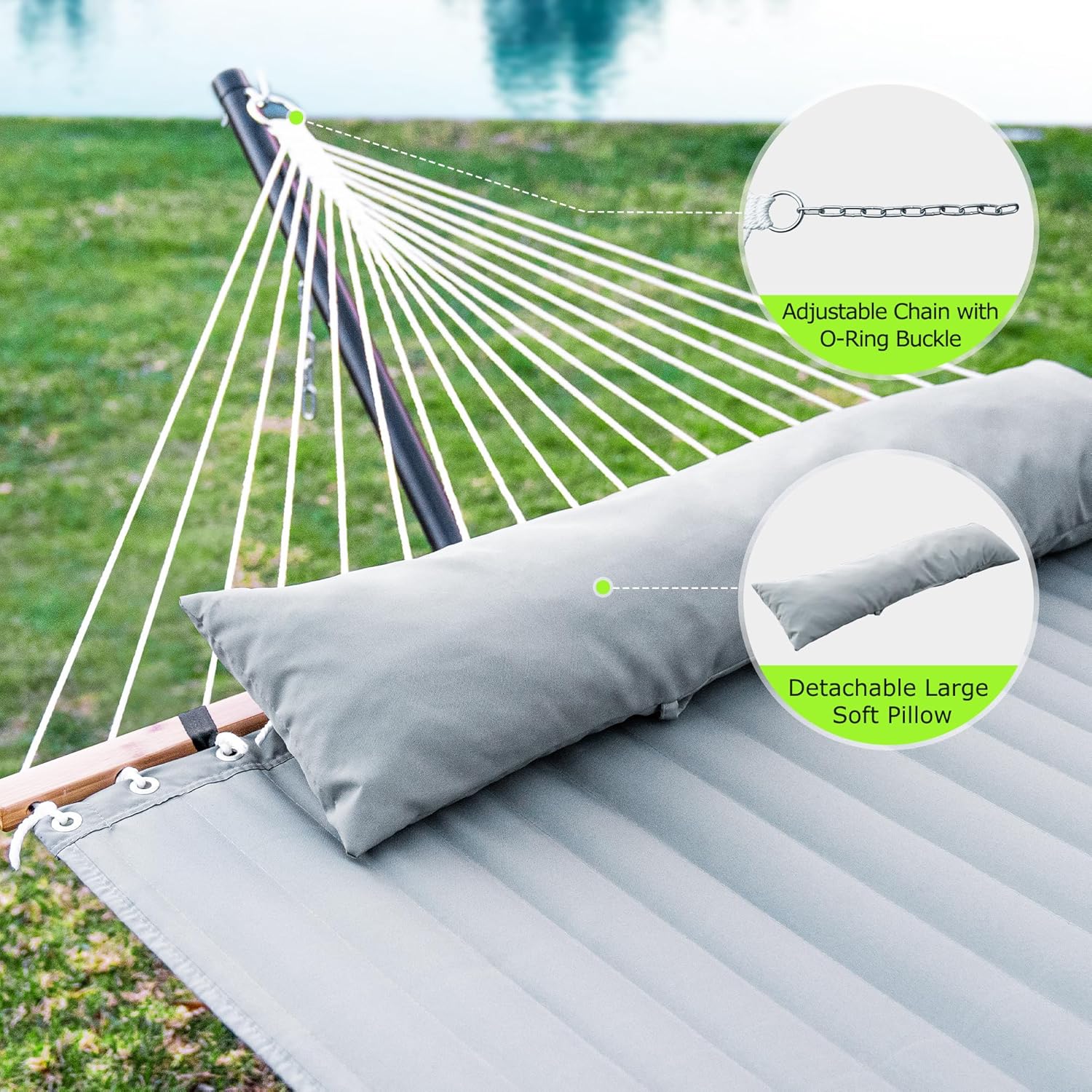 Double Hammock with Stand for Outdoor, Heavy Duty Portable Hammock with Adjustable Steel Stand for Patio, Garden, Beach, Backyard - Includes Carrying Bag,Dark Grey - Image 4
