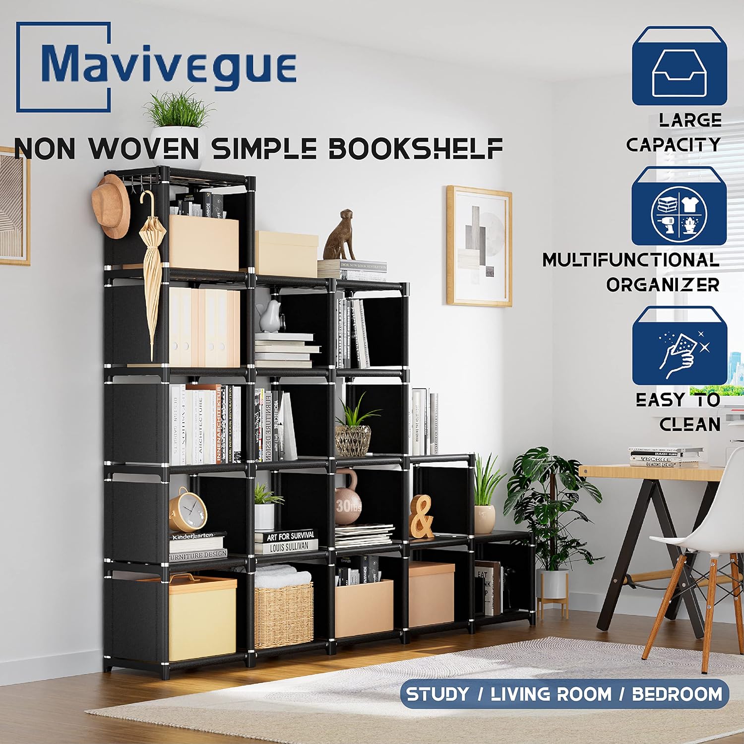 Mavivegue Bookcase, 18-Cube Extra Large Book Shelf, DIY Cube Storage Organizer for Bedroom, Living Room, Home Office - Black - Image 9