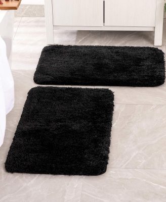 MIULEE Set of 2 Non Slip Shaggy Bathroom Rugs Extra Thick Soft Bath Mats Plush Microfiber Absorbent Water for Tub Shower Machine Washable (Black, 16x24 inches)