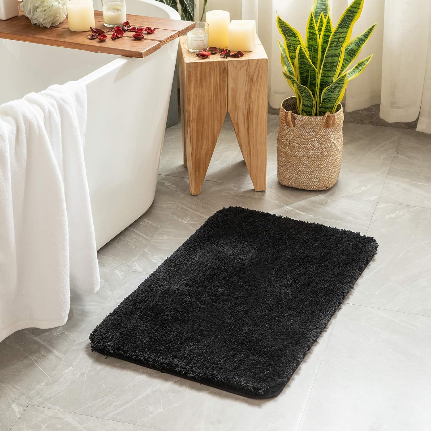 MIULEE Set of 2 Non Slip Shaggy Bathroom Rugs Extra Thick Soft Bath Mats Plush Microfiber Absorbent Water for Tub Shower Machine Washable (Black, 16x24 inches) - Image 6