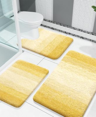 OLANLY Bathroom Rugs Sets 3 Piece, Soft Absorbent Microfiber Bath Mats and U-Shaped Contour Toilet Rug, Plush Shaggy Bath Mat Set for Bathroom (30"x20"+24"x16"+24"x20", Yellow)