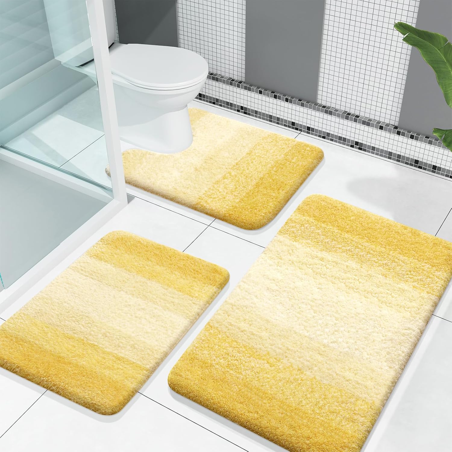 OLANLY Bathroom Rugs Sets 3 Piece, Soft Absorbent Microfiber Bath Mats and U-Shaped Contour Toilet Rug, Plush Shaggy Bath Mat Set for Bathroom (30"x20"+24"x16"+24"x20", Yellow)