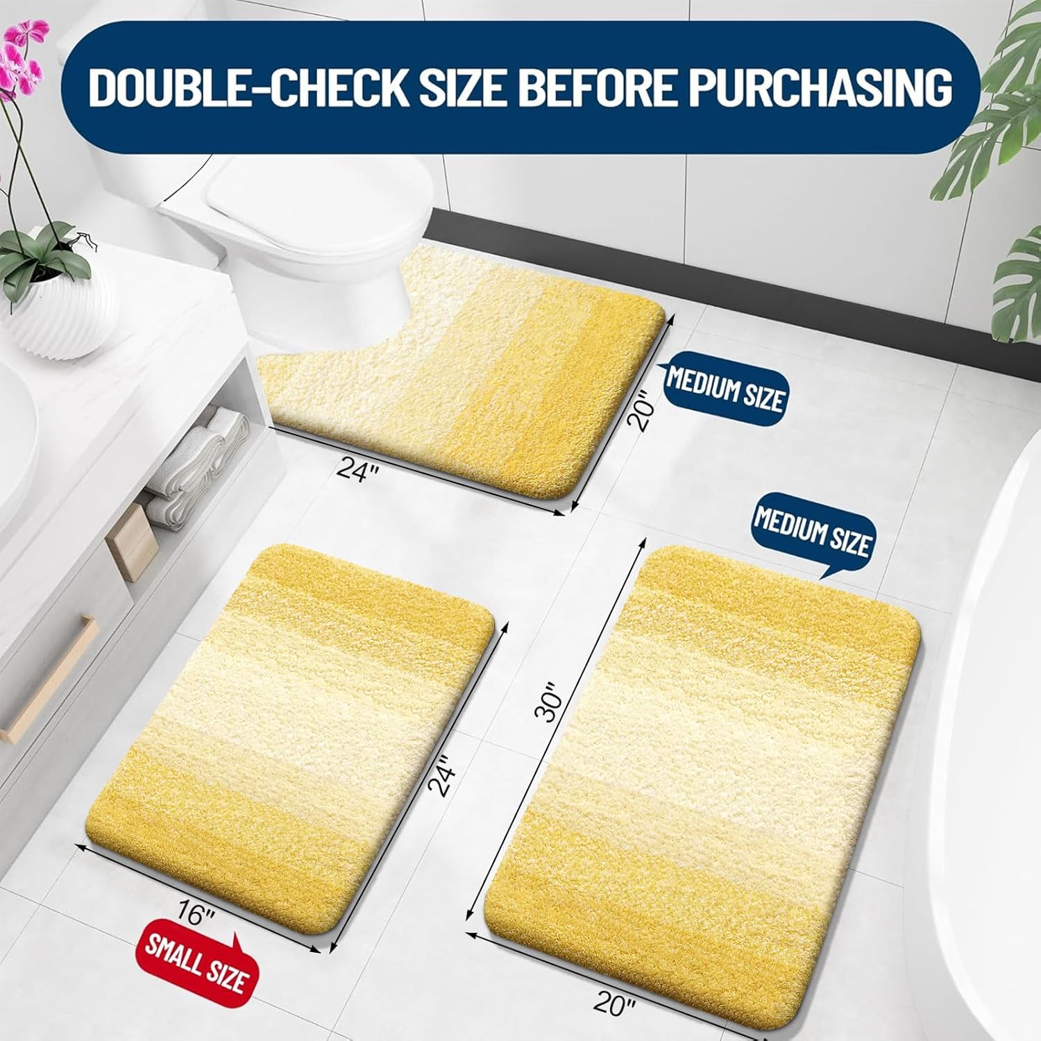 OLANLY Bathroom Rugs Sets 3 Piece, Soft Absorbent Microfiber Bath Mats and U-Shaped Contour Toilet Rug, Plush Shaggy Bath Mat Set for Bathroom (30"x20"+24"x16"+24"x20", Yellow) - Image 2