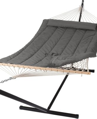 SUNCREAT Double Outdoor Hammock with Stand, Two Person Cotton Rope Hammock with Polyester Pad, Dark Gray