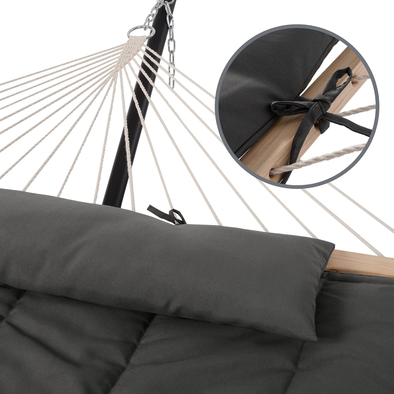 SUNCREAT Double Outdoor Hammock with Stand, Two Person Cotton Rope Hammock with Polyester Pad, Dark Gray - Image 3