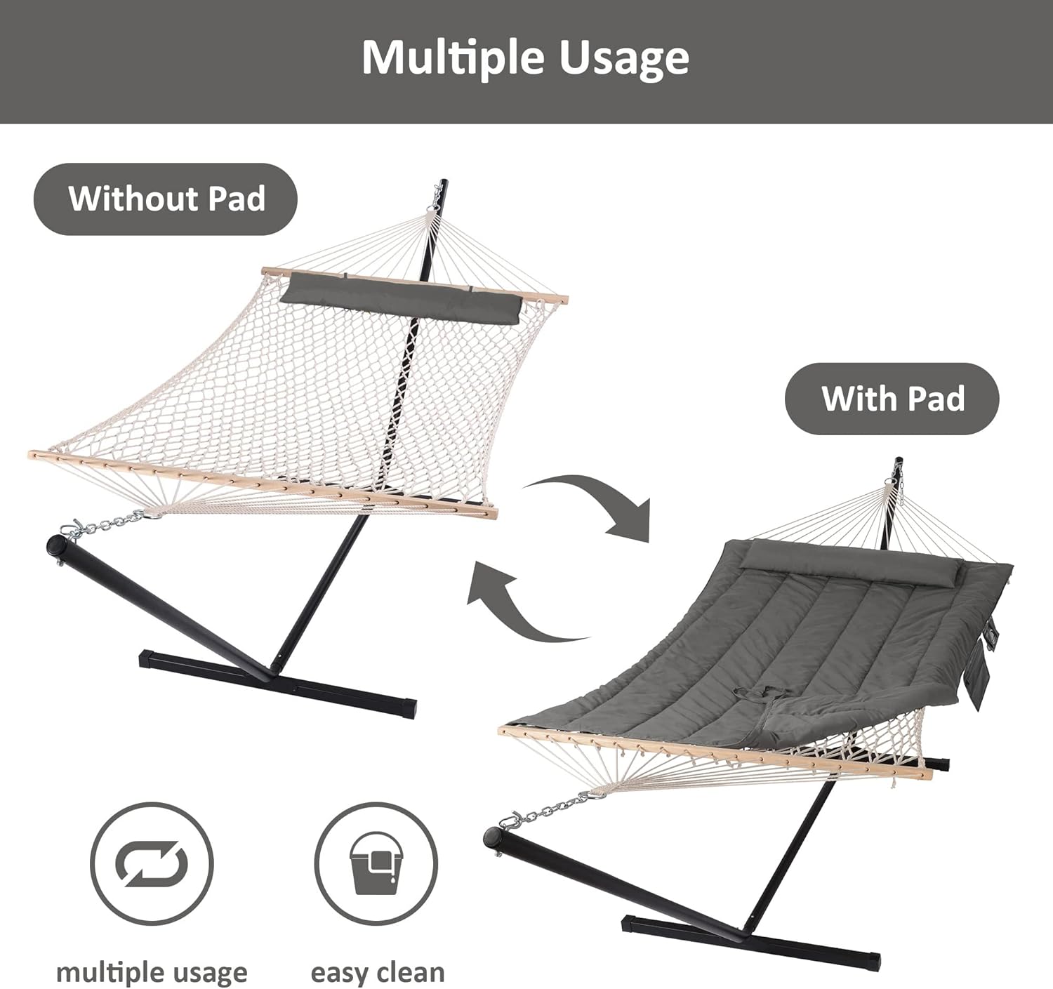 SUNCREAT Double Outdoor Hammock with Stand, Two Person Cotton Rope Hammock with Polyester Pad, Dark Gray - Image 4
