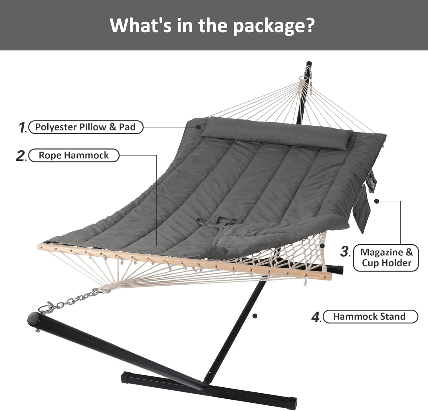 SUNCREAT Double Outdoor Hammock with Stand, Two Person Cotton Rope Hammock with Polyester Pad, Dark Gray - Image 5