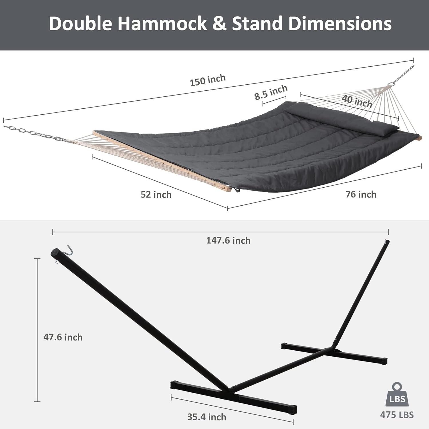 SUNCREAT Double Outdoor Hammock with Stand, Two Person Cotton Rope Hammock with Polyester Pad, Dark Gray - Image 6