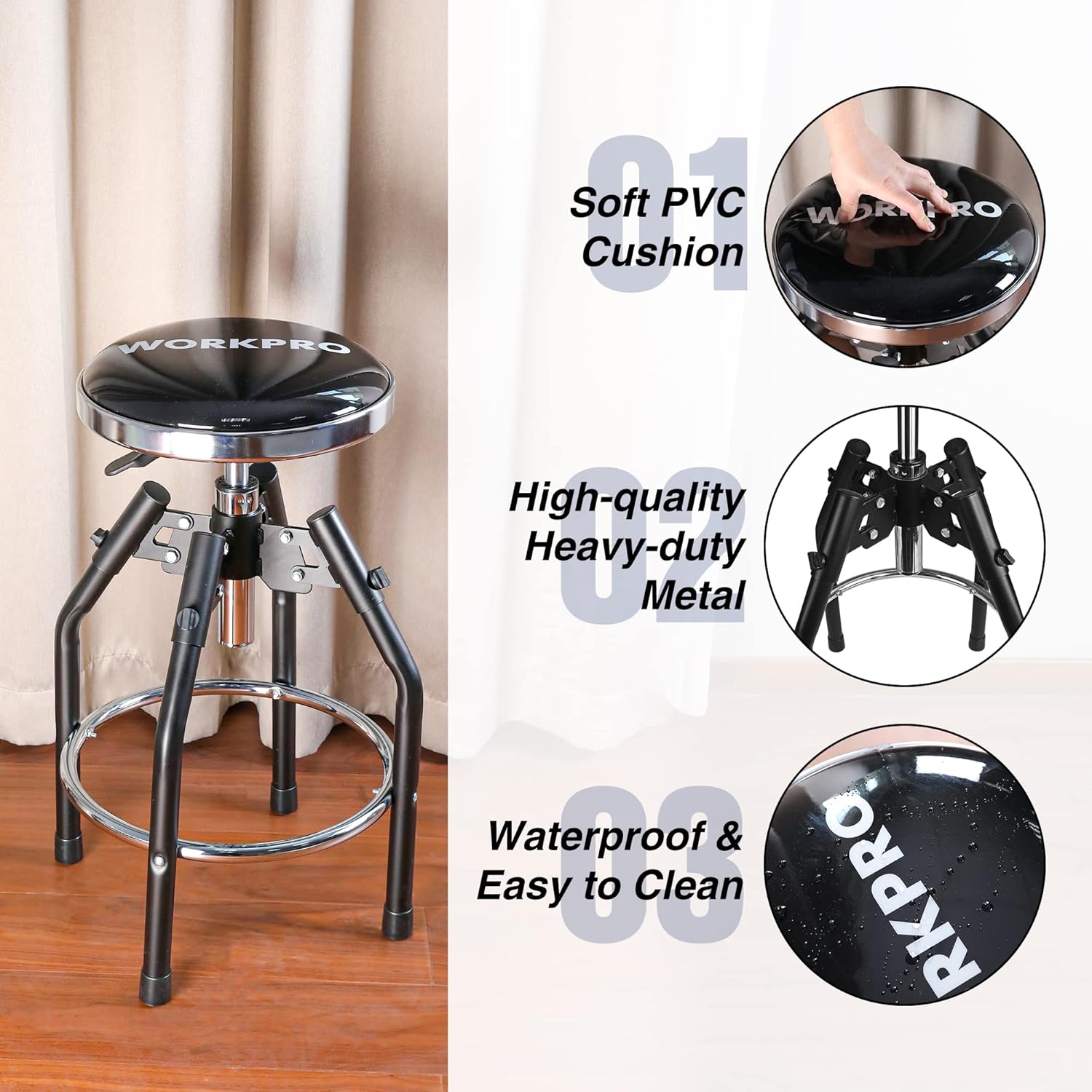WORKPRO Heavy Duty Adjustable Hydraulic Shop Stool,Garage Bar Stool, 29in to 33.86in, 330-Pound Capacity, Black - Image 5