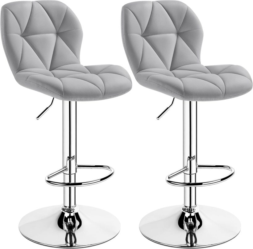 Yaheetech Grey Bar Stools Set of 2, PU Leather Bar Chairs with Backrest, Height Adjustable Swivel Island Stools for Bar, Kitchen Counter, Light Grey