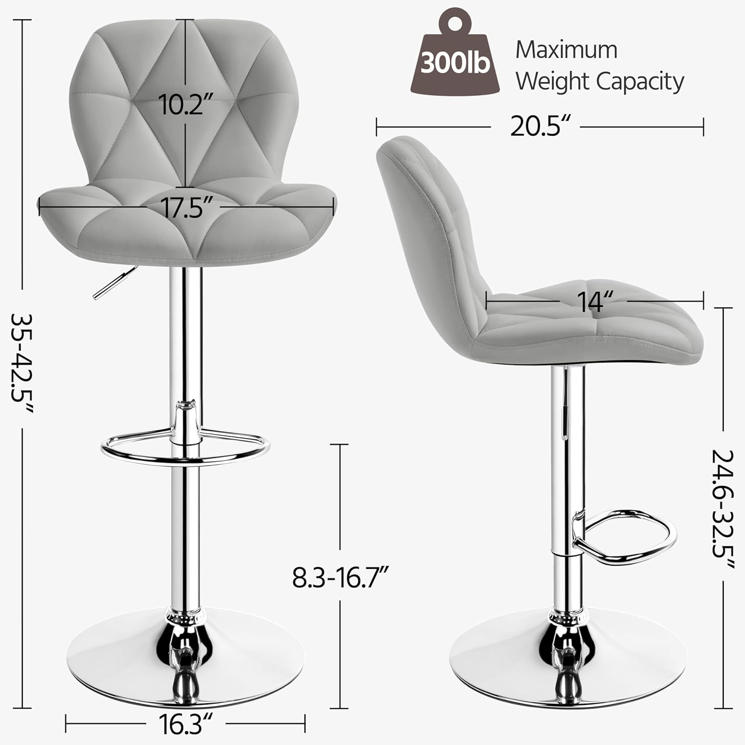 Yaheetech Grey Bar Stools Set of 2, PU Leather Bar Chairs with Backrest, Height Adjustable Swivel Island Stools for Bar, Kitchen Counter, Light Grey - Image 3