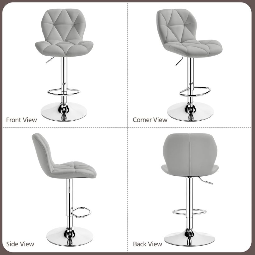 Yaheetech Grey Bar Stools Set of 2, PU Leather Bar Chairs with Backrest, Height Adjustable Swivel Island Stools for Bar, Kitchen Counter, Light Grey - Image 7
